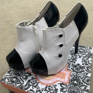 Bordello Black and White Two-Tone Platform Heeled Booties